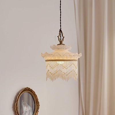 Traditional French Cream Tassel Round Glass Copper 1-Light Pendant Light For Bedroom