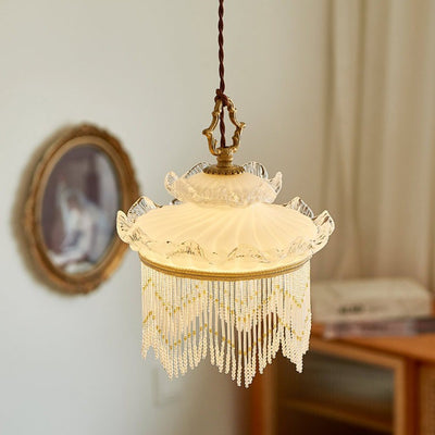 Traditional French Cream Tassel Round Glass Copper 1-Light Pendant Light For Bedroom