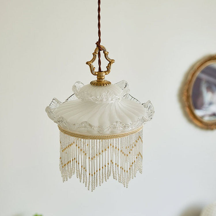 Traditional French Cream Tassel Round Glass Copper 1-Light Pendant Light For Bedroom