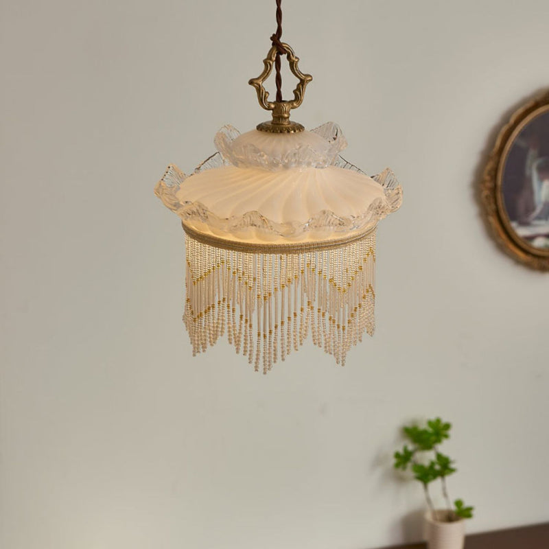 Traditional French Cream Tassel Round Glass Copper 1-Light Pendant Light For Bedroom