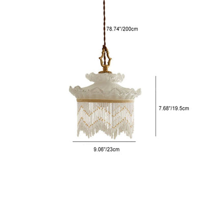 Traditional French Cream Tassel Round Glass Copper 1-Light Pendant Light For Bedroom