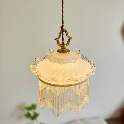 Traditional French Cream Tassel Round Glass Copper 1-Light Pendant Light For Bedroom