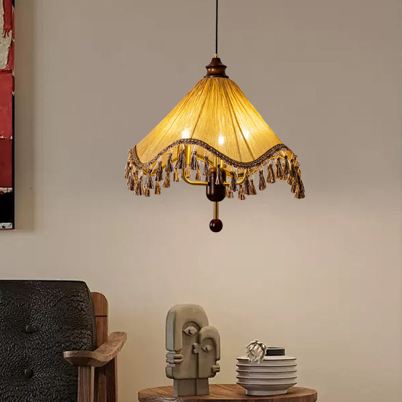 Contemporary Boho Umbrella Cone Wood Fabric 1-Light Pendant Light For Bedroom