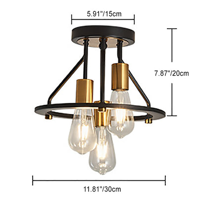 Contemporary Industrial Round Iron 3-Light Semi-Flush Mount Ceiling Light For Bedroom