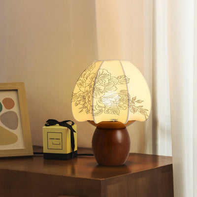 Traditional French Round Wood Alloy Fabric 1-Light Table Lamp For Bedroom