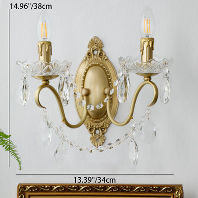 Traditional French Candle Shape Copper Crystal 2-Light Wall Sconce Lamp For Bedroom