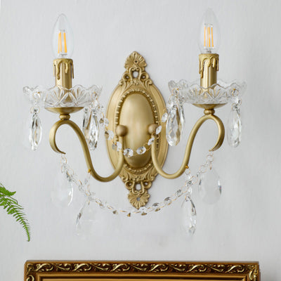 Traditional French Candle Shape Copper Crystal 2-Light Wall Sconce Lamp For Bedroom