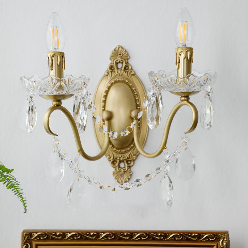 Traditional French Candle Shape Copper Crystal 2-Light Wall Sconce Lamp For Bedroom