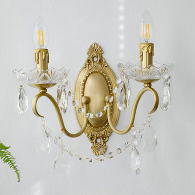 Traditional French Candle Shape Copper Crystal 2-Light Wall Sconce Lamp For Bedroom