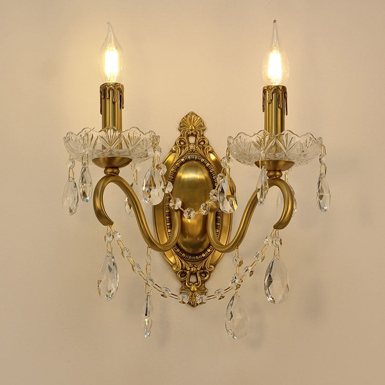 Traditional French Candle Shape Copper Crystal 2-Light Wall Sconce Lamp For Bedroom