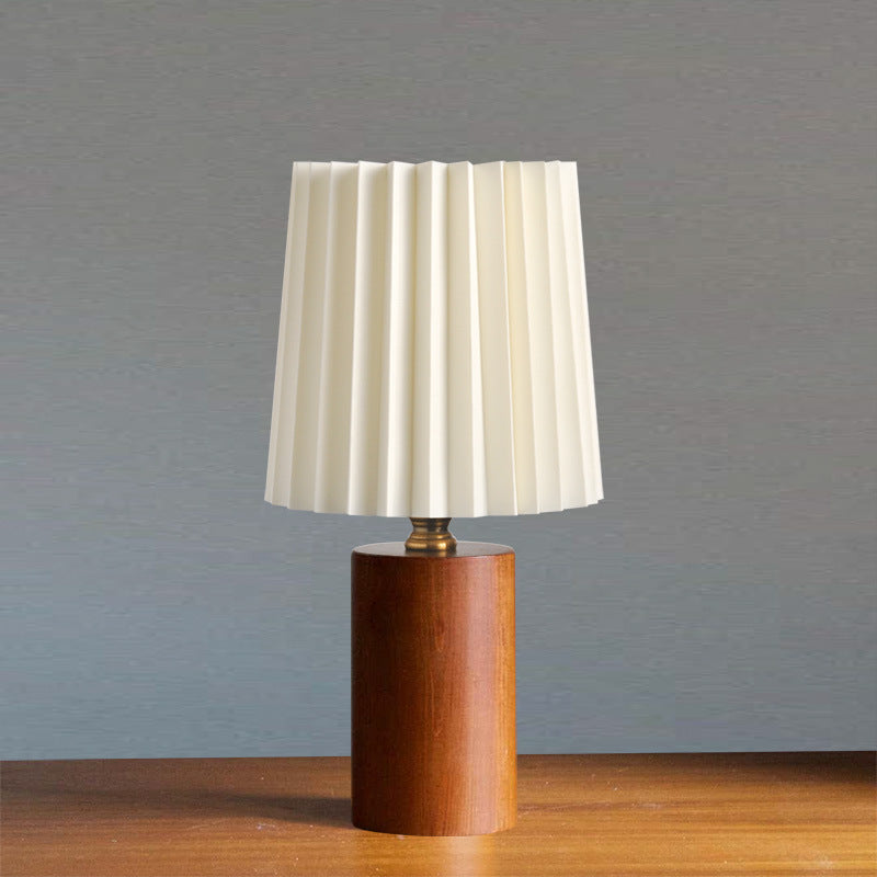 Contemporary Mid-Century Pleated Round Cylinder Wood Fabric 1-Light Table Lamp For Bedroom