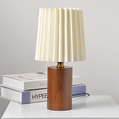 Contemporary Mid-Century Pleated Round Cylinder Wood Fabric 1-Light Table Lamp For Bedroom