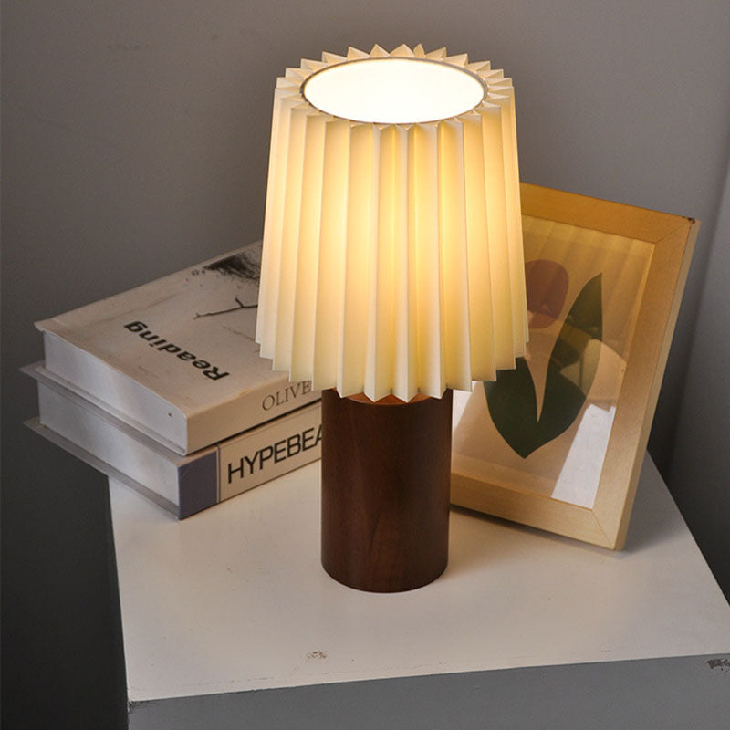 Contemporary Mid-Century Pleated Round Cylinder Wood Fabric 1-Light Table Lamp For Bedroom