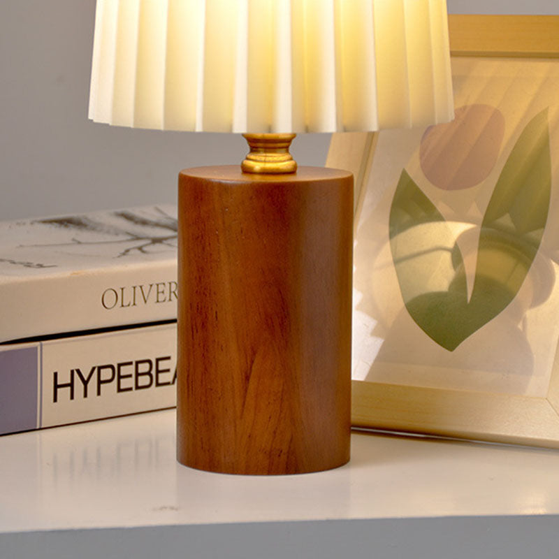 Contemporary Mid-Century Pleated Round Cylinder Wood Fabric 1-Light Table Lamp For Bedroom