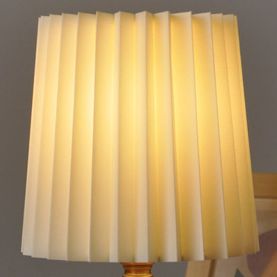 Contemporary Mid-Century Pleated Round Cylinder Wood Fabric 1-Light Table Lamp For Bedroom