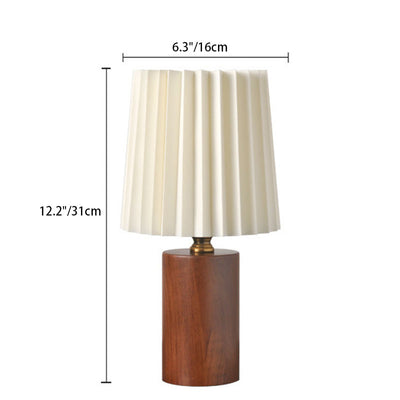 Contemporary Mid-Century Pleated Round Cylinder Wood Fabric 1-Light Table Lamp For Bedroom