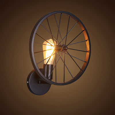 Contemporary Industrial Wheel Round Iron 1-Light Wall Sconce Lamp For Living Room