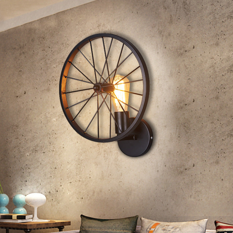 Contemporary Industrial Wheel Round Iron 1-Light Wall Sconce Lamp For Living Room