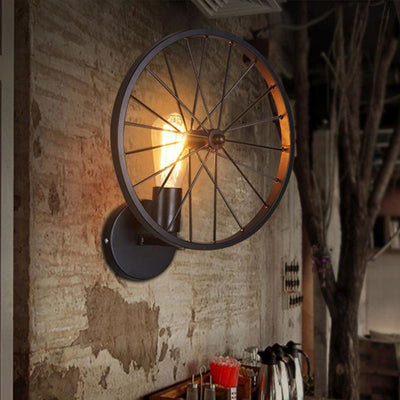 Contemporary Industrial Wheel Round Iron 1-Light Wall Sconce Lamp For Living Room