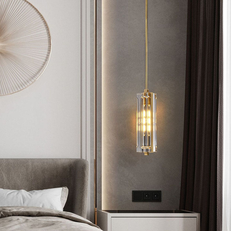 Modern Luxury Round Cylinder Copper Crystal 1-Light Pendant Light For Bedroom