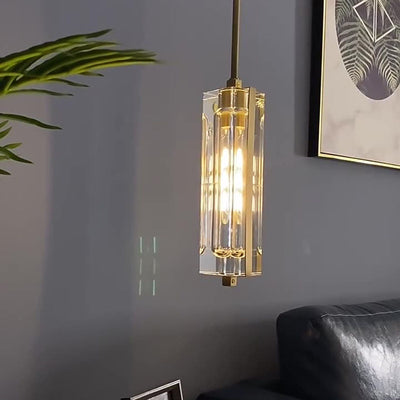 Modern Luxury Round Cylinder Copper Crystal 1-Light Pendant Light For Bedroom