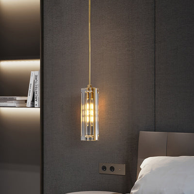 Modern Luxury Round Cylinder Copper Crystal 1-Light Pendant Light For Bedroom