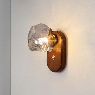 Traditional Japanese Ice Cube Oval Wood Glass 1-Light Wall Sconce Lamp For Bedroom