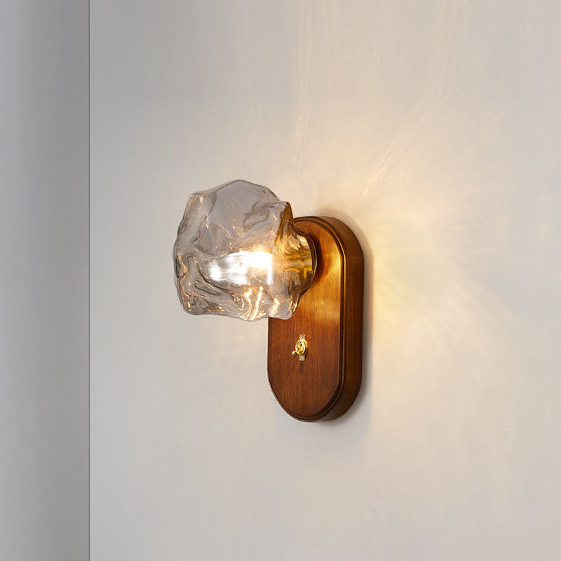 Traditional Japanese Ice Cube Oval Wood Glass 1-Light Wall Sconce Lamp For Bedroom