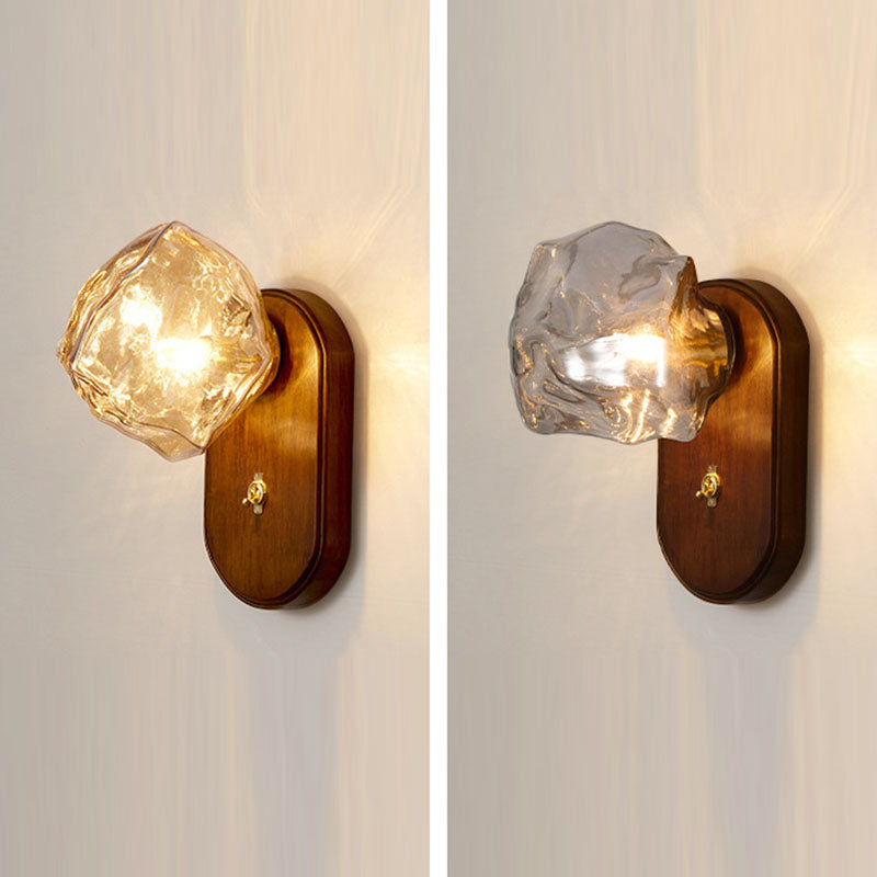 Traditional Japanese Ice Cube Oval Wood Glass 1-Light Wall Sconce Lamp For Bedroom