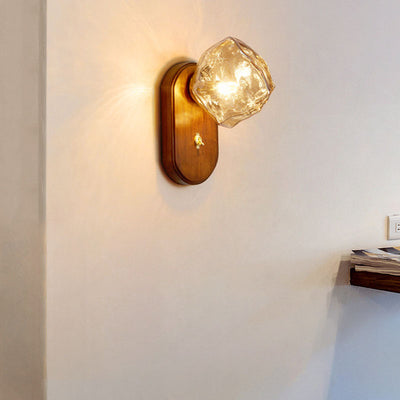 Traditional Japanese Ice Cube Oval Wood Glass 1-Light Wall Sconce Lamp For Bedroom