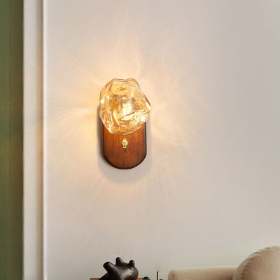 Traditional Japanese Ice Cube Oval Wood Glass 1-Light Wall Sconce Lamp For Bedroom