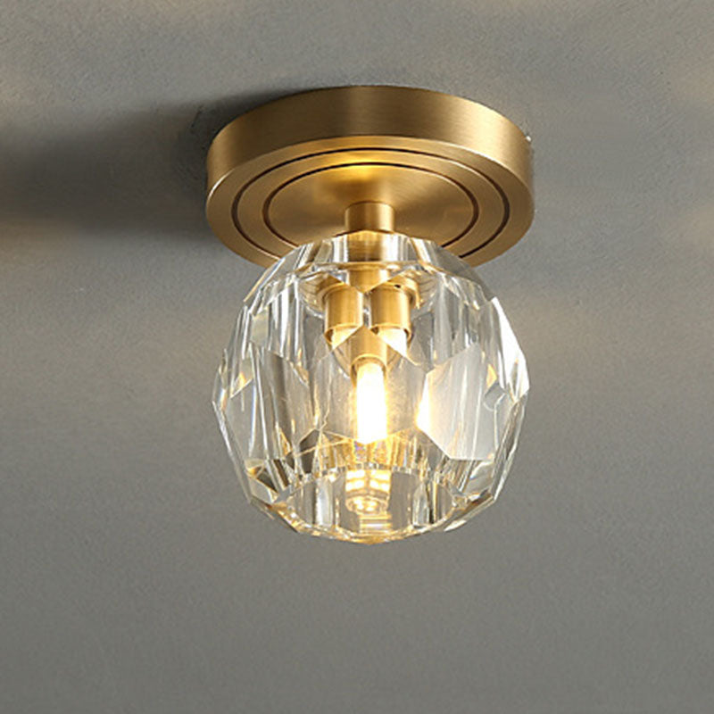 Modern Luxury Round Copper Crystal 1-Light Semi-Flush Mount Ceiling Light For Hallway