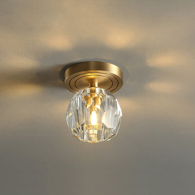 Modern Luxury Round Copper Crystal 1-Light Semi-Flush Mount Ceiling Light For Hallway