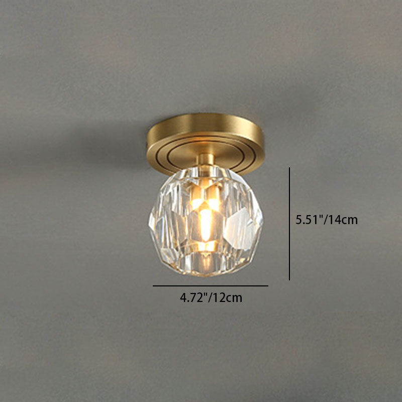 Modern Luxury Round Copper Crystal 1-Light Semi-Flush Mount Ceiling Light For Hallway