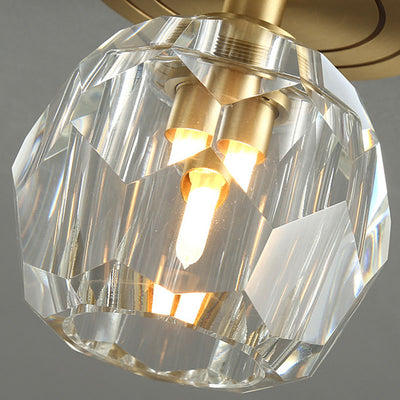 Modern Luxury Round Copper Crystal 1-Light Semi-Flush Mount Ceiling Light For Hallway