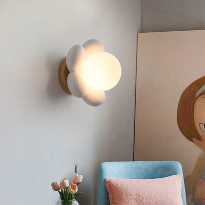 Contemporary Scandinavian Cream Flower Round Wood Resin 1-Light Wall Sconce Lamp For Bedroom