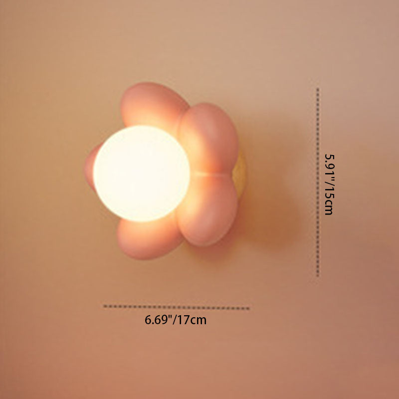 Contemporary Scandinavian Cream Flower Round Wood Resin 1-Light Wall Sconce Lamp For Bedroom