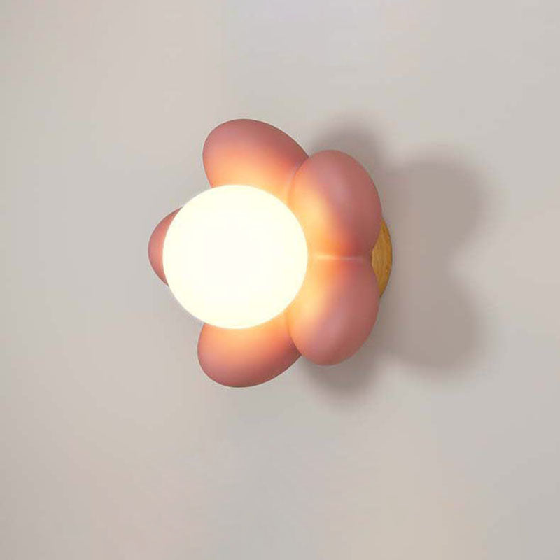 Contemporary Scandinavian Cream Flower Round Wood Resin 1-Light Wall Sconce Lamp For Bedroom