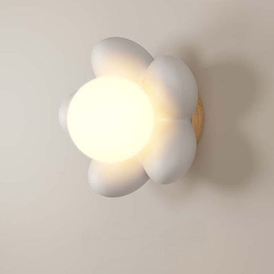 Contemporary Scandinavian Cream Flower Round Wood Resin 1-Light Wall Sconce Lamp For Bedroom