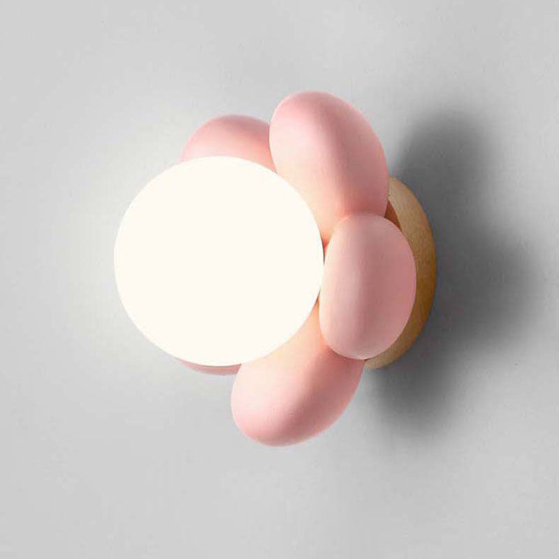 Contemporary Scandinavian Cream Flower Round Wood Resin 1-Light Wall Sconce Lamp For Bedroom