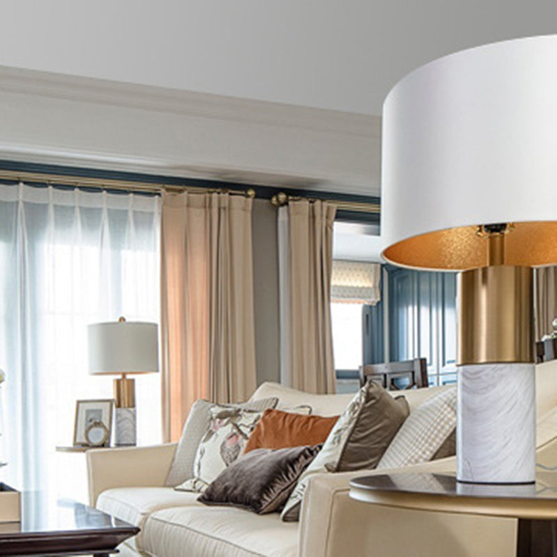 Modern Minimalist Round Cylinder Metal Marble Fabric 1-Light Table Lamp For Bedroom