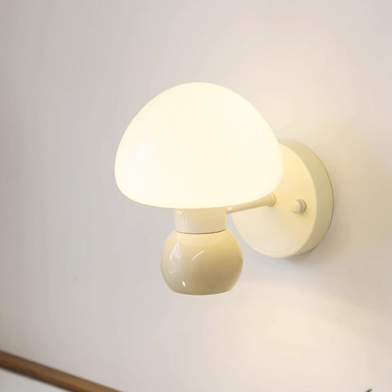 Contemporary Scandinavian Cream Mushroom Round Iron PVC 1-Light Wall Sconce Lamp For Bedroom