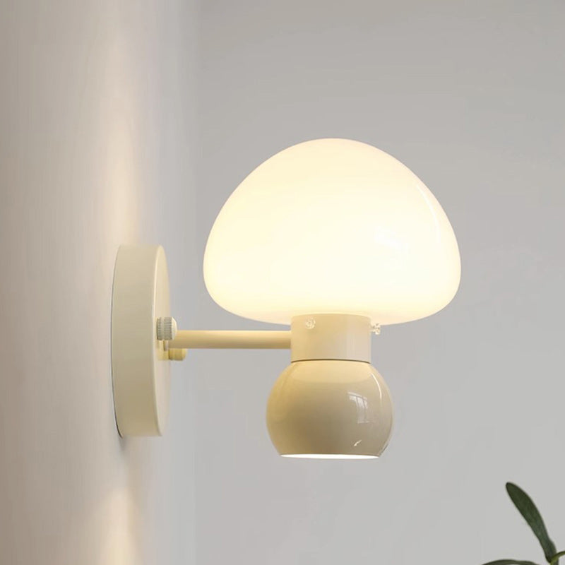 Contemporary Scandinavian Cream Mushroom Round Iron PVC 1-Light Wall Sconce Lamp For Bedroom