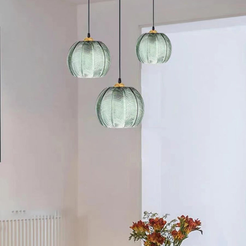 Contemporary Scandinavian Leaf Pattern Round Hardware Glass 1-Light Pendant Light For Dining Room