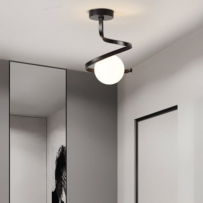 Modern Minimalist Curve Round Orb Iron Glass 1-Light Semi-Flush Mount Ceiling Light For Hallway