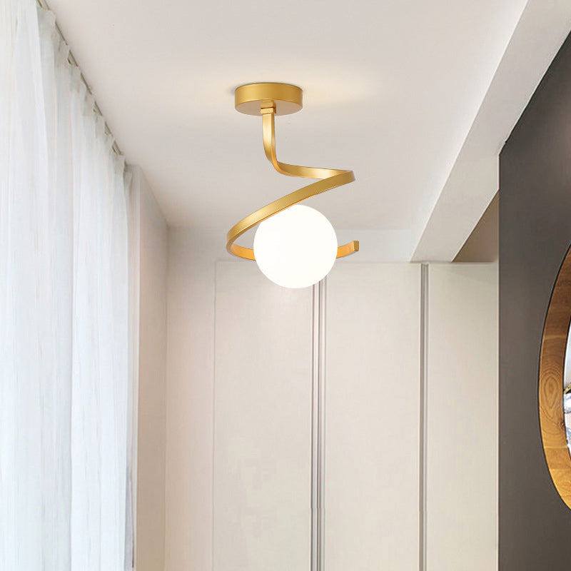 Modern Minimalist Curve Round Orb Iron Glass 1-Light Semi-Flush Mount Ceiling Light For Hallway