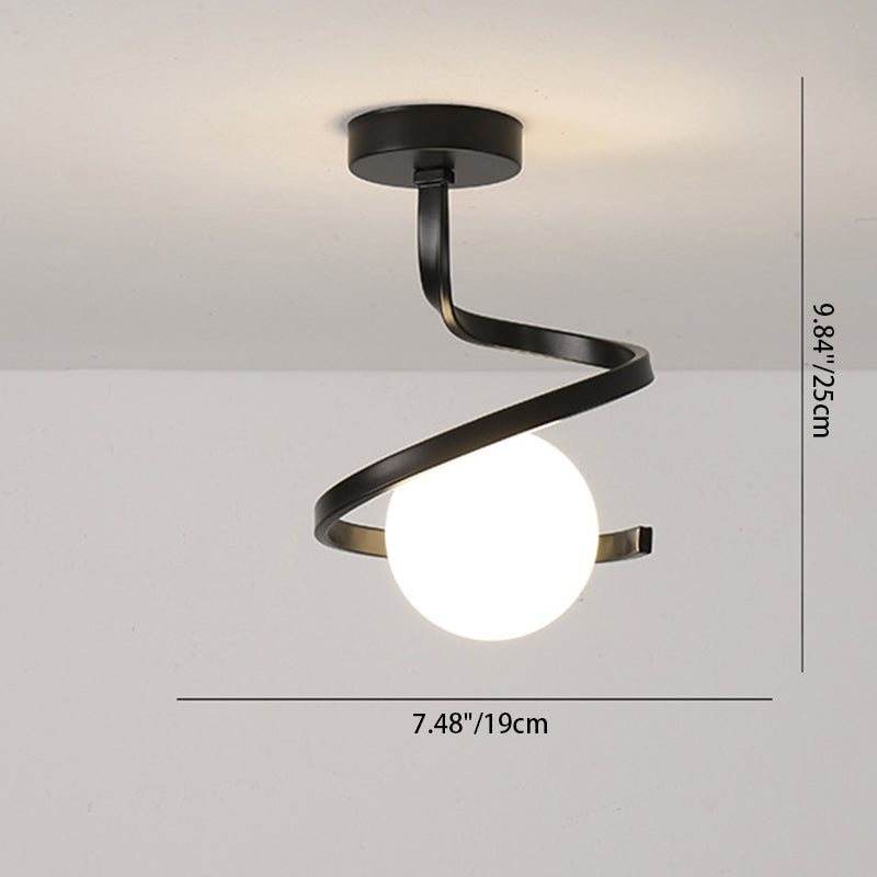 Modern Minimalist Curve Round Orb Iron Glass 1-Light Semi-Flush Mount Ceiling Light For Hallway