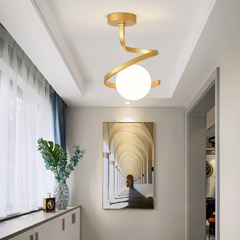 Modern Minimalist Curve Round Orb Iron Glass 1-Light Semi-Flush Mount Ceiling Light For Hallway