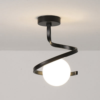 Modern Minimalist Curve Round Orb Iron Glass 1-Light Semi-Flush Mount Ceiling Light For Hallway