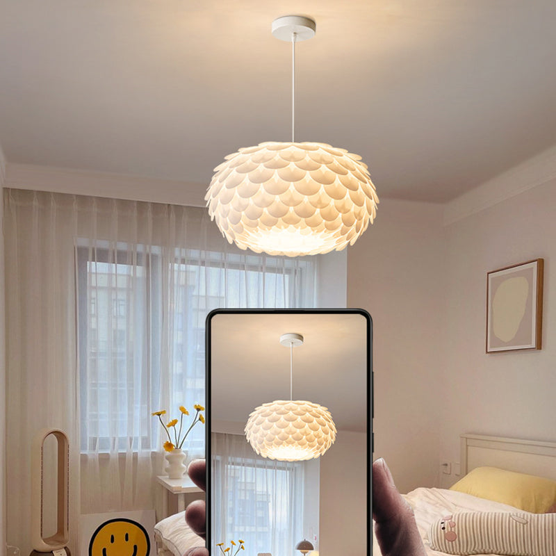 Contemporary Scandinavian Cream Flower Round Iron PVC 1-Light Pendant Light For Bedroom